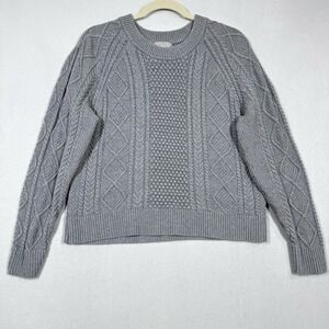 J Crew Sweater Womens Medium Cable Knit Crewneck Fisherman Pullover Grey Chunky